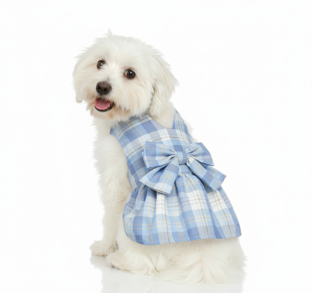 穿上蓝色格纹裙的小白狗
